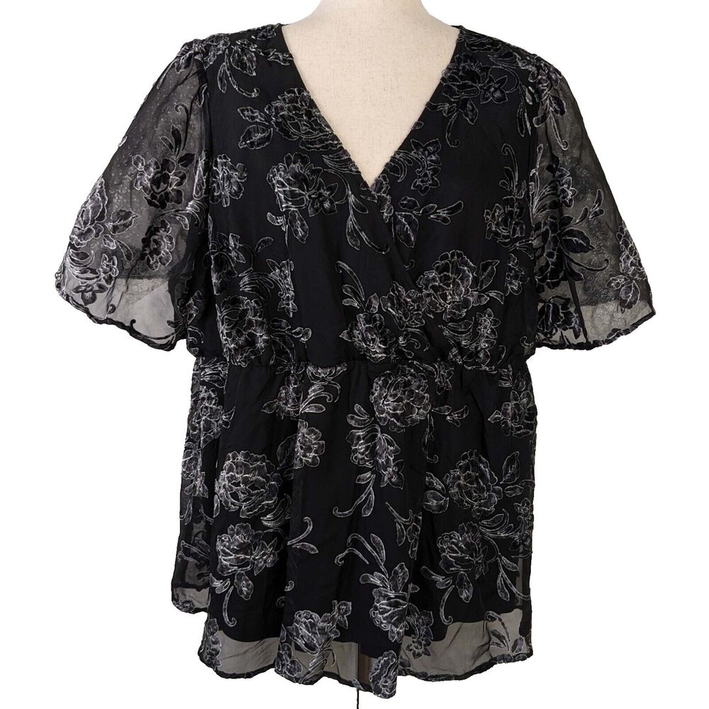 Torrid Women's 2 Baby Doll Surplice Black Velvet Burnout Flutter Sleeve Top